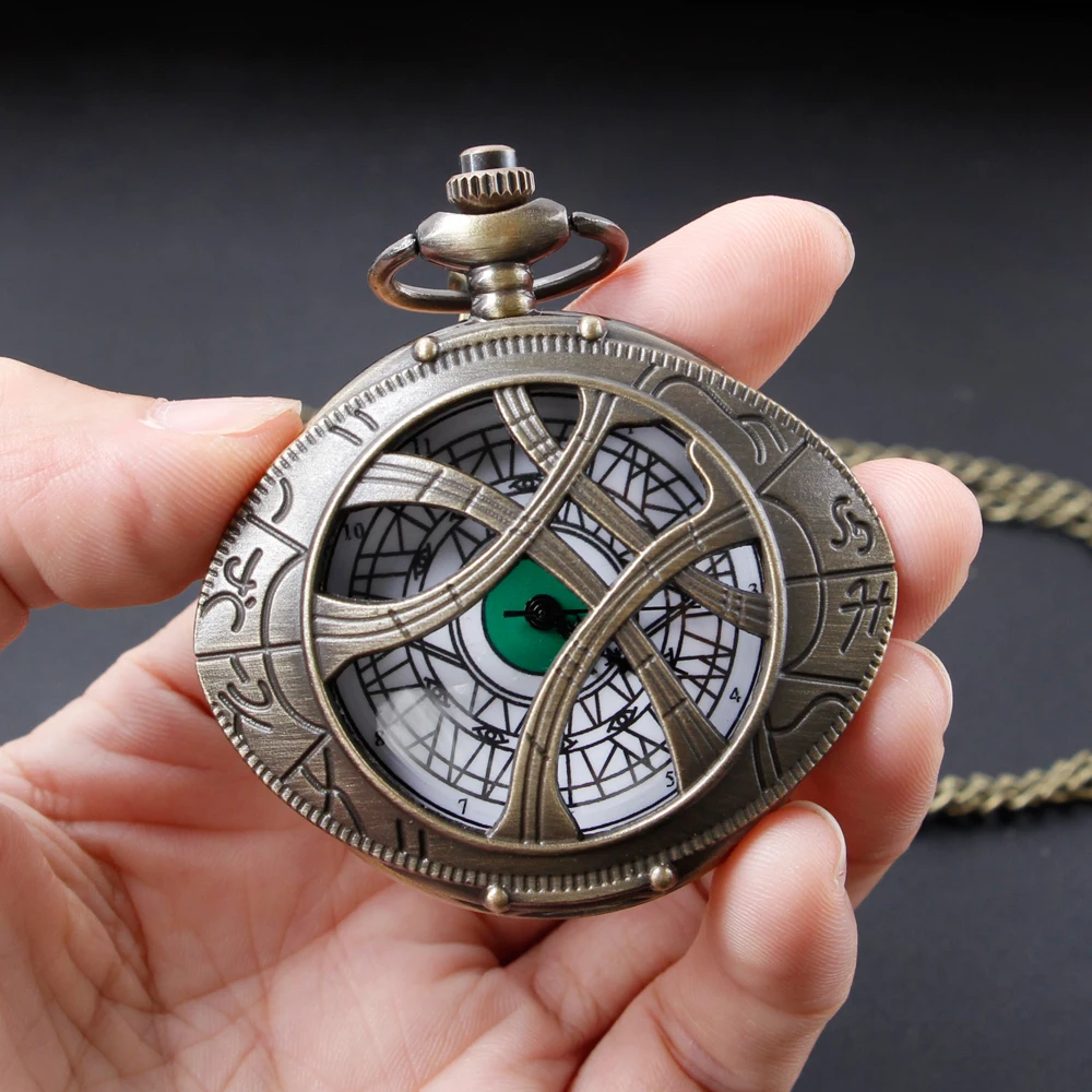 Strange Gold/Black/Bronze/Grey Antique Retro Eye Shaped Skeleton Quartz Pocket Watch With Necklace Chain Dropshipping