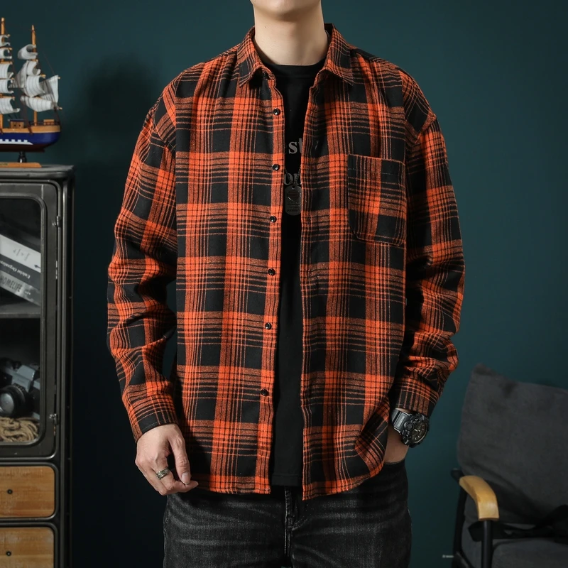 Men's Spring Autumn Turn-down Collar Solid Button Plaid Cardigan Long Sleeve Shirt Striped Casual Formal Coats Vintage Tops