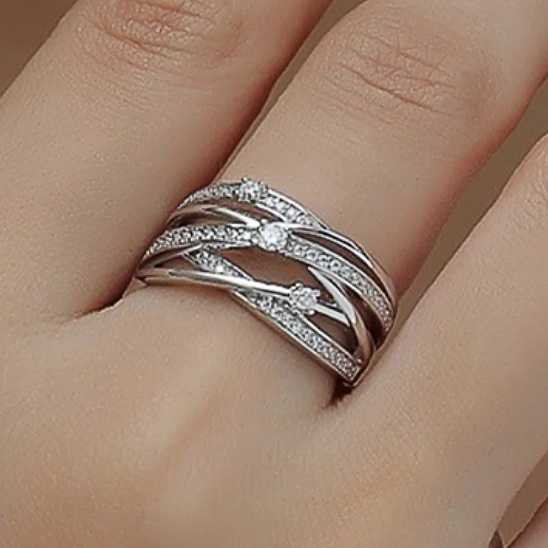 Huitan Trendy Multi-layer Hollow Design Women Rings Simple Style with Bright CZ for Wedding Party Engagement Luxury Accessories