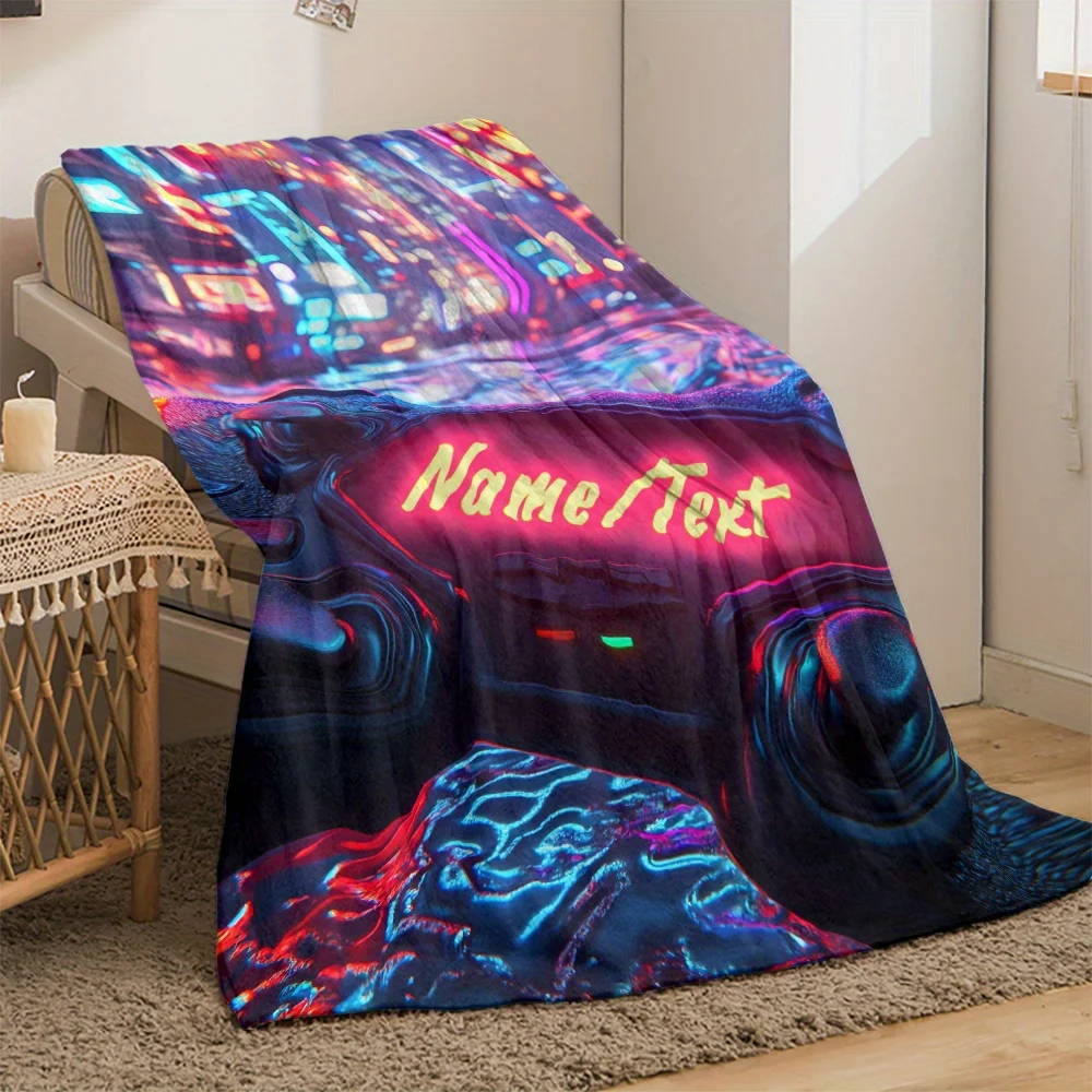 Custom name neon cyberpunk game console fleece blanket, suitable for sofa, bed, birthday, children, boys, friends, gifts