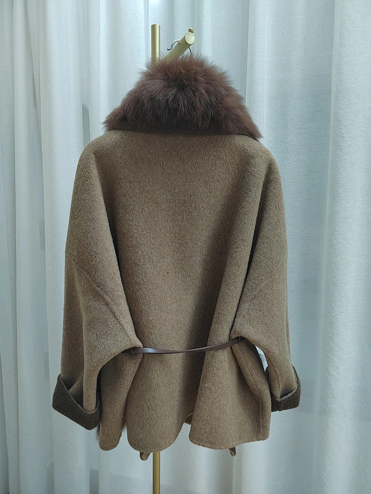 2024 New Winter Natural Real Fox Fur Collar Coat Cashmere Wool Woolen Women Jacket Luxury Outwear Ladies Female Fur Coat