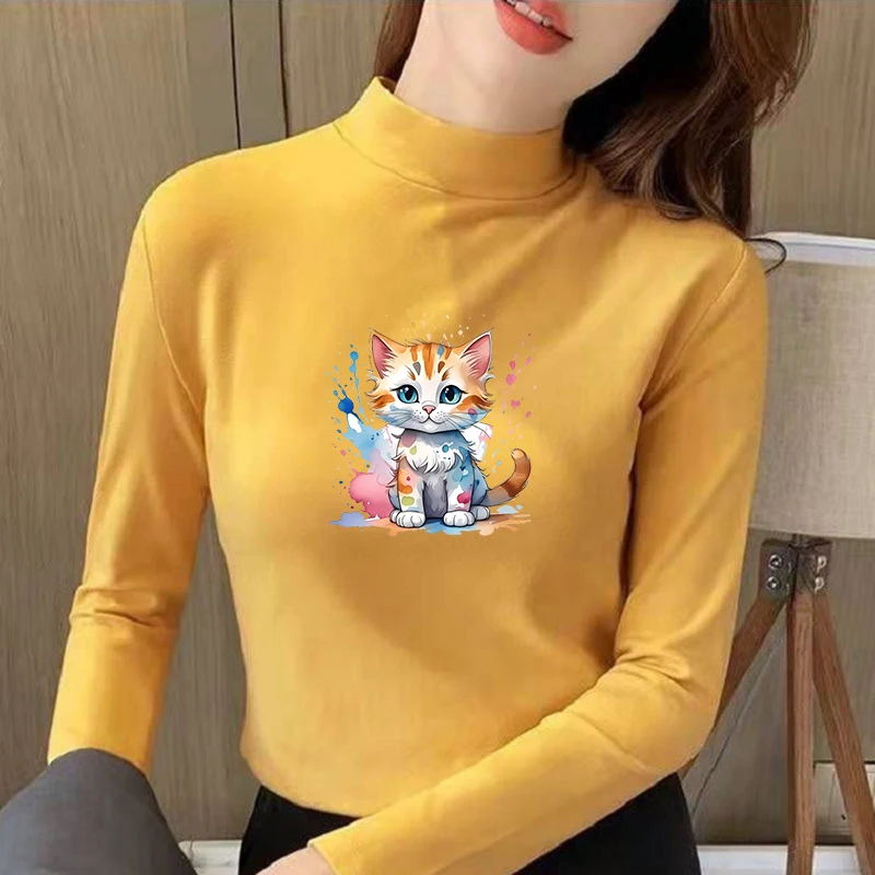 Winter Women's Thermal Brushed Fleece Half Mock Neck Long Sleeve T Shirt Cute Kitten Color Splash Graphic Warm Tee