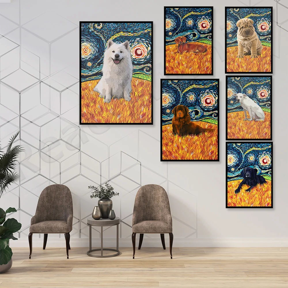 Dachshund, Golden Retriever, Basset Retriever, Australian Shepherd, Chihuahua, Labrador, German Shepherd Van Gogh Animal Poster