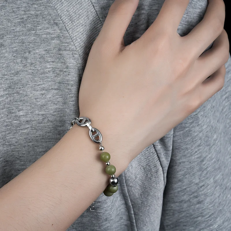 Silver link chain bracelet decorated with natural green stone beads adjustable extender daily wear wrist jewelry