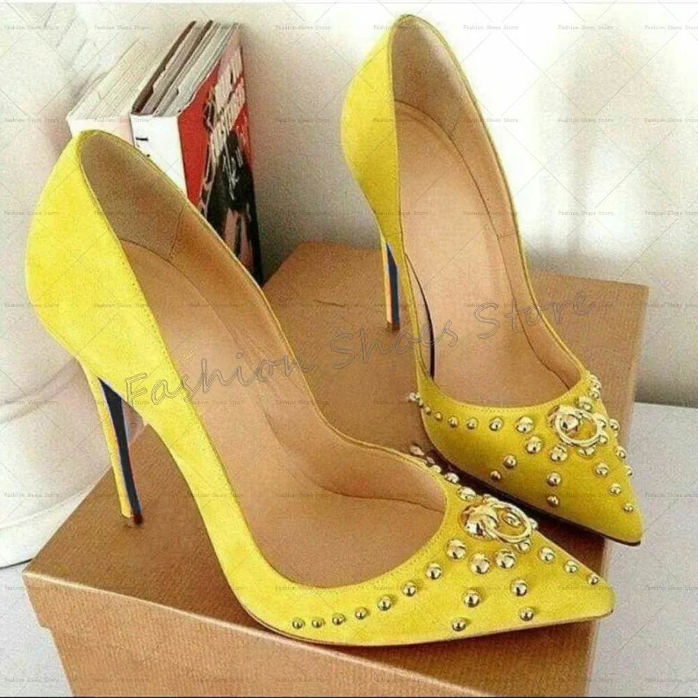 

Yellow Round Rivets Pointed Toe Shallow Pumps Women Shoes Stilettos High Heels Party Banquet Dating 2025 Zapatos Para Mujere