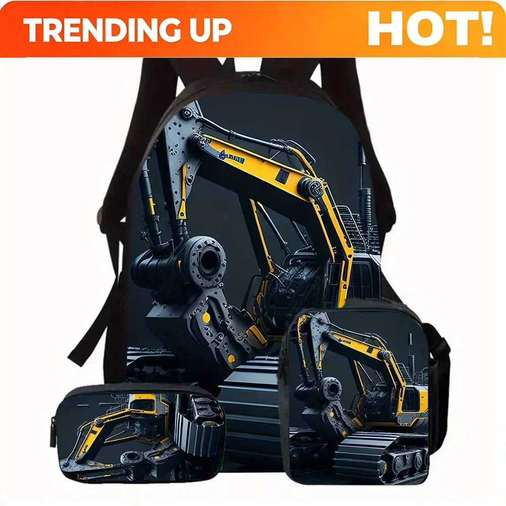 Custom Custom Excavator Backpack 1/ 3pcs, Including Backpack Lunch Box And Pencil Bag, Suitable For Daily School, Mountain Climb