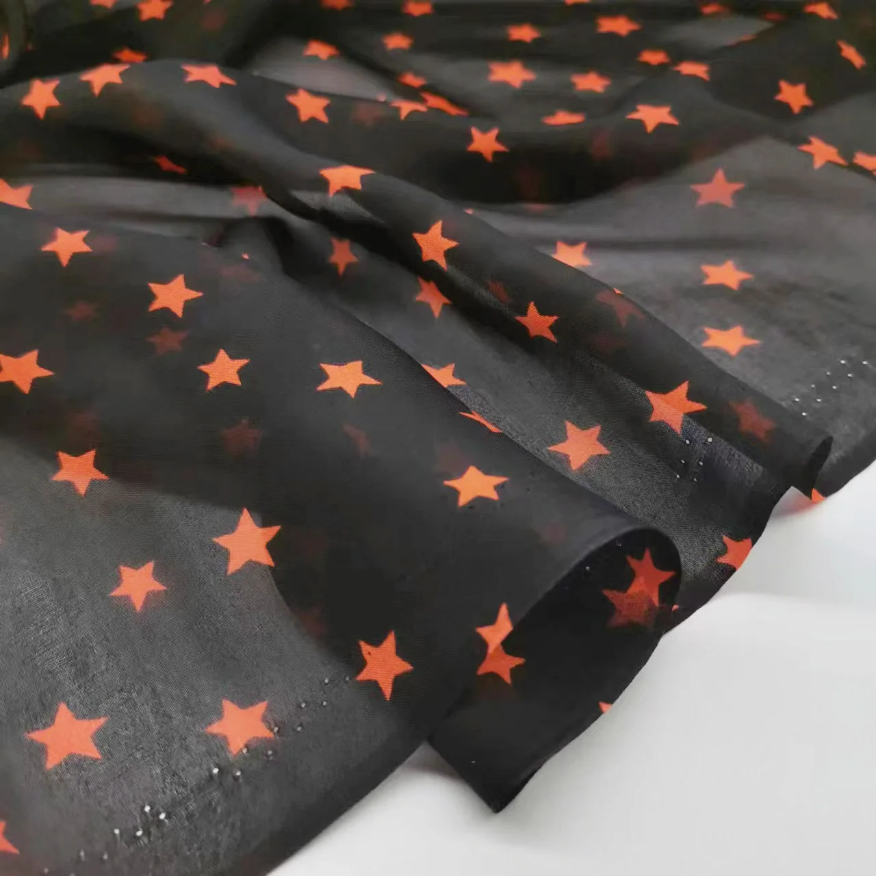 138CM Wide 7MM Orange Stars Printed on Black Silk Chiffon Fabric-Thin Material for Shirt Dress and Other Fashion Summer Y384