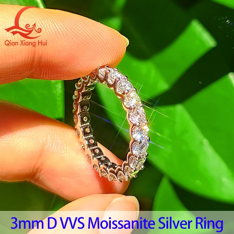 Aliança de Moissanite Redonda D VVS de 3mm ou 2mm em Prata S925, Joia Feminina para Noivado, Presente, Festa, Encontro, Dia dos Namorados