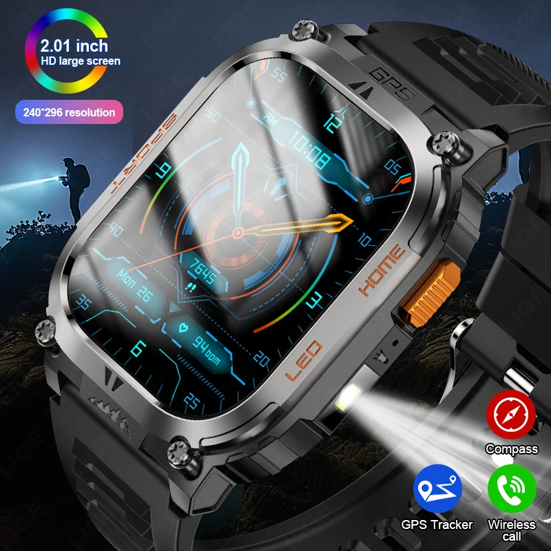

LIGE New 630mAh Battery GPS Smart Watch LED Flashlight Outdoor Sport Watch Compass Bluetooth Call 2.01" HD Screen Smartwatch Men