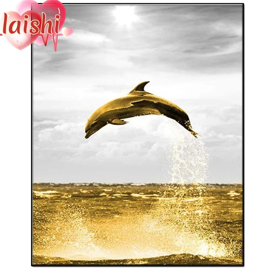 Golden sea, golden dolphin jumps out of the water Full Diamond Painting Cross Stitch Mosaic 5D Diy Square Round diamond 3d Gift