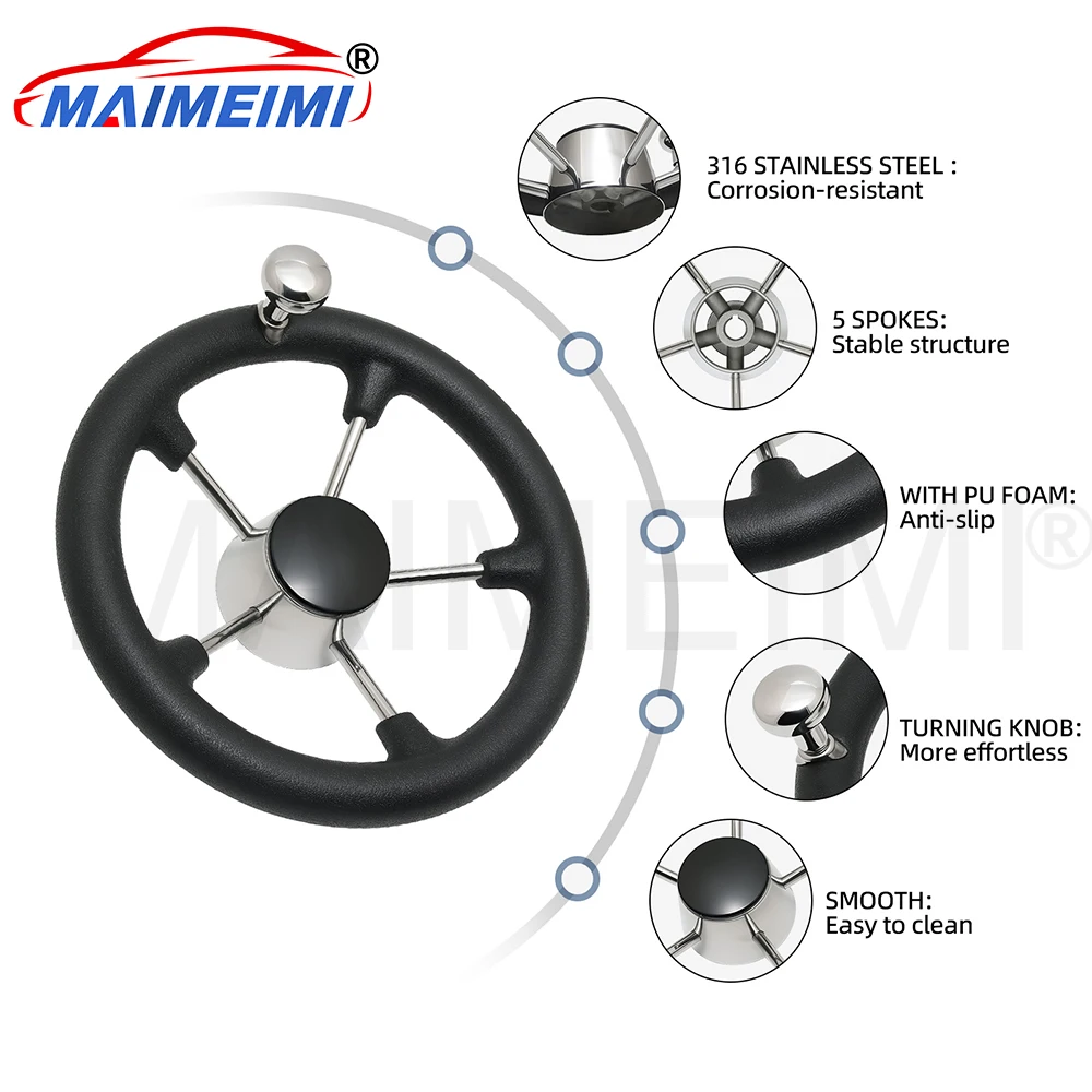 

11 Inch stainless steel Steering Wheel with Black Foam With Anti-skid Function With Knob Grip Fit For Yacht Boat Accessories