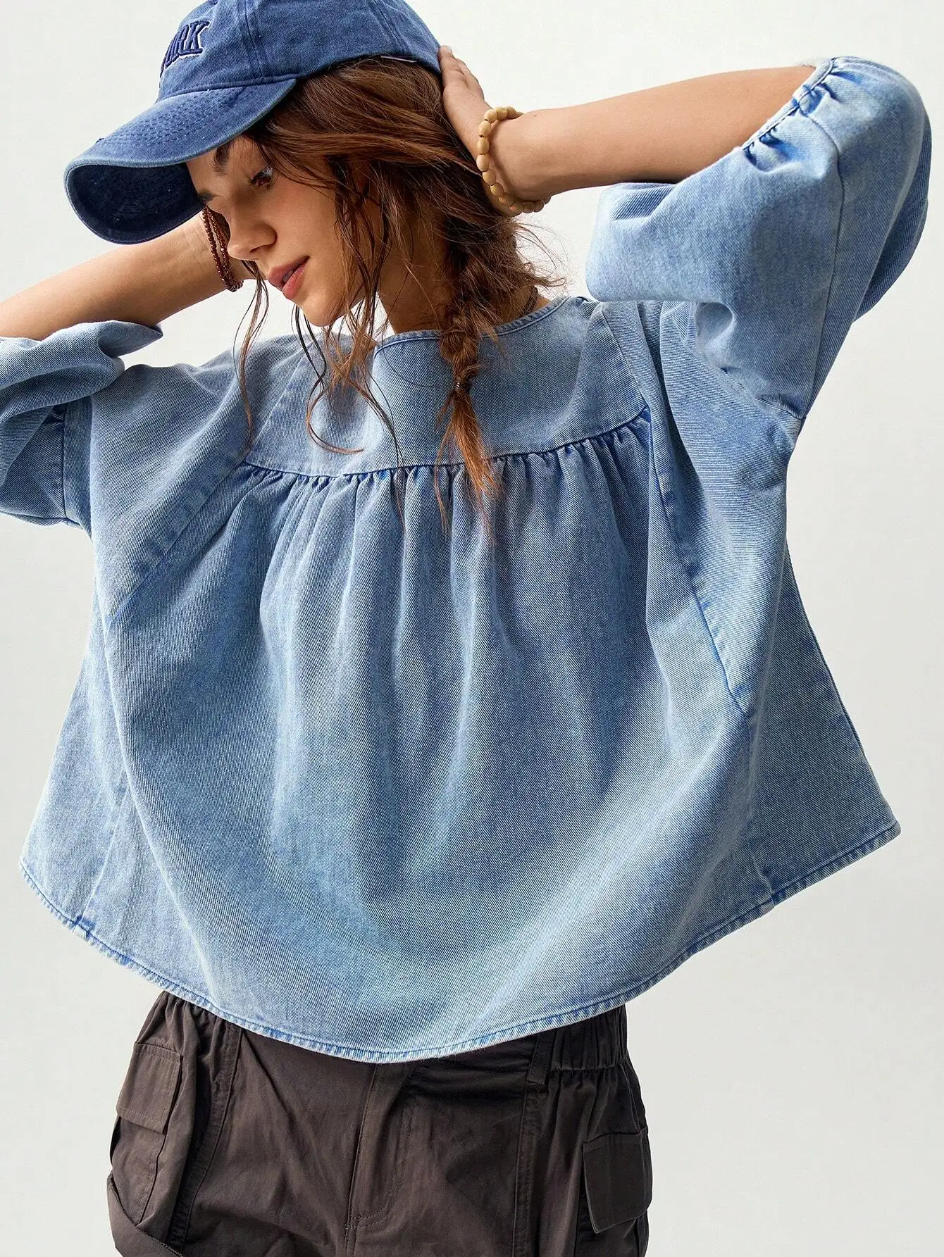 

Loose Fit Denim Puff Sleeve Blouse For Women Vacation Bohemian Style