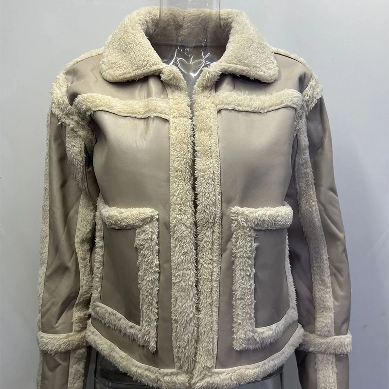 Women Fashion Suede Plush Lapel Jacket Patchwork Lapel  Short Coat 2023 Lady Personality Autumn Winter Warm Streetwear Outwear