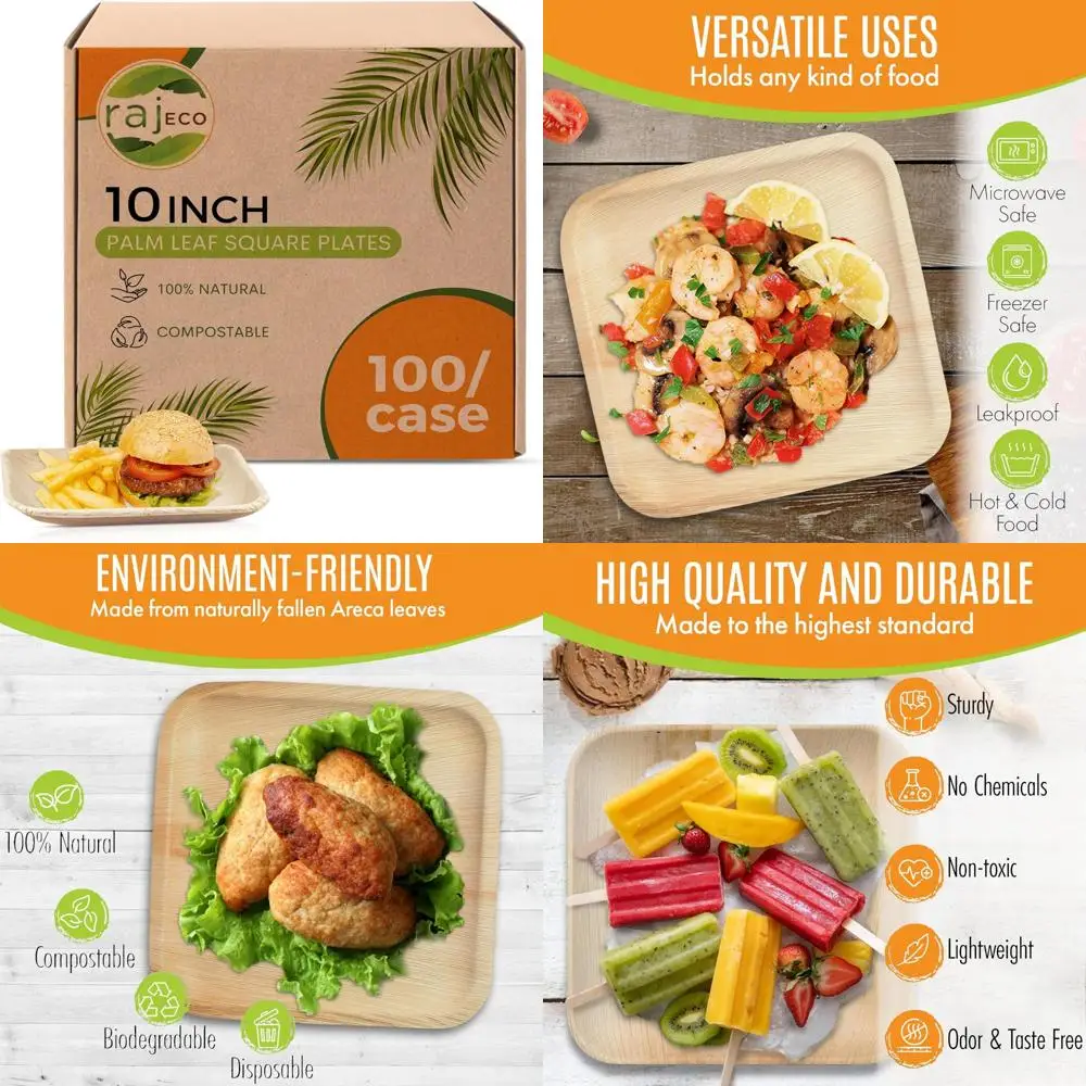 

Disposable Palm Leaf Plates - 100 Pack, Strong & Decorative Square Plates, Eco-Friendly Bulk Option for Parties and Events