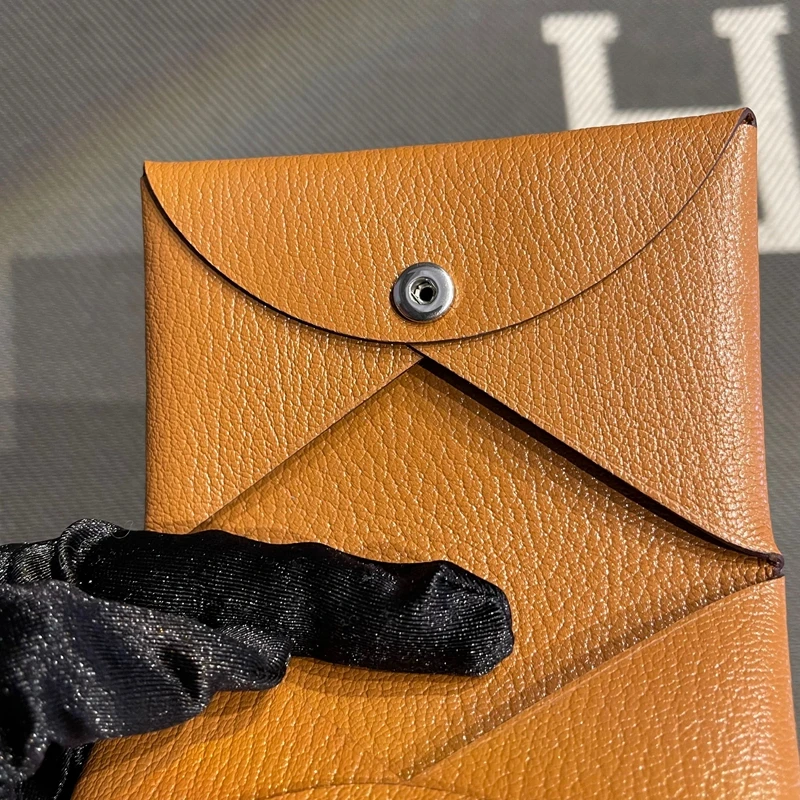 Genuine Leather Goat Skin Key Coin Document Wallet Button Clasp Brown Gold Functional  Pouches Handbags for Men And Women