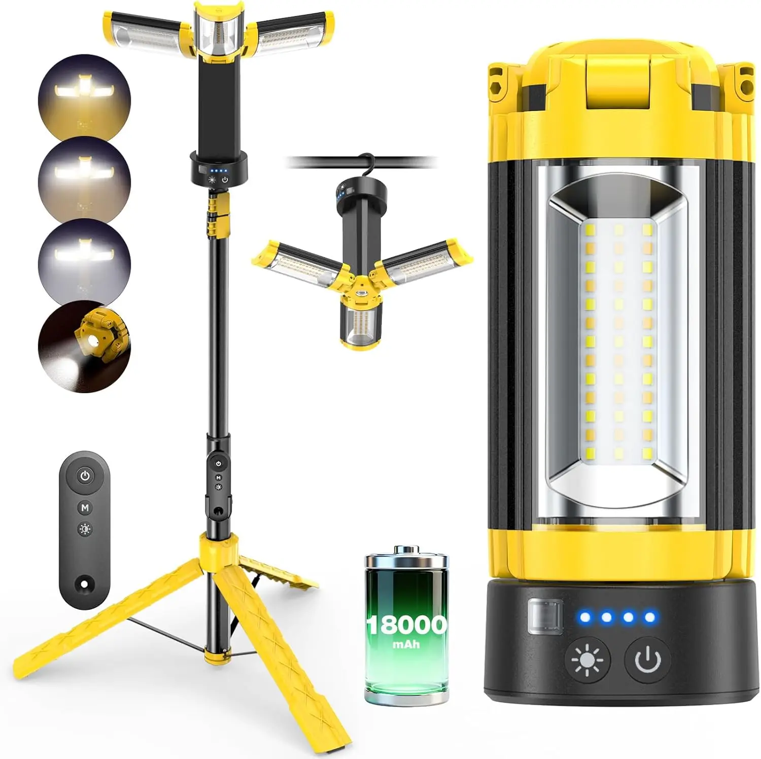 

Rechargeable Camping Lantern with Remote, 18000mAh LED Work Light, Detachable Tripod & 3 Heads for Emergency