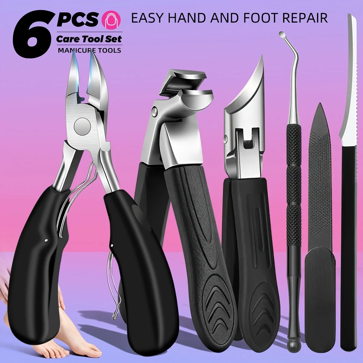 

6Pcs Heavy Duty Pro Manicure Pedicure Kit - Stainless Steel Nail Tools with Clippers & Cuticle Tools