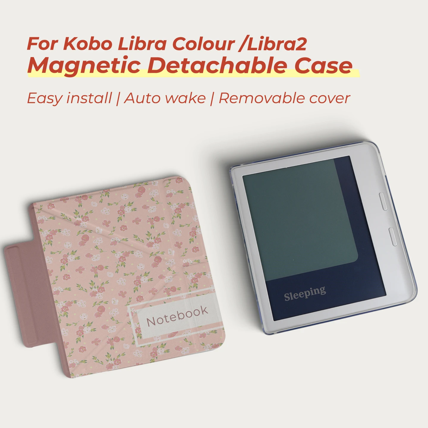 Twosheep suit for Kobo Libra Colour Kobo Libra2 7-inch Case Magnetic Detachable Cover Clear Back Auto Wake Sleep Floral Notebook