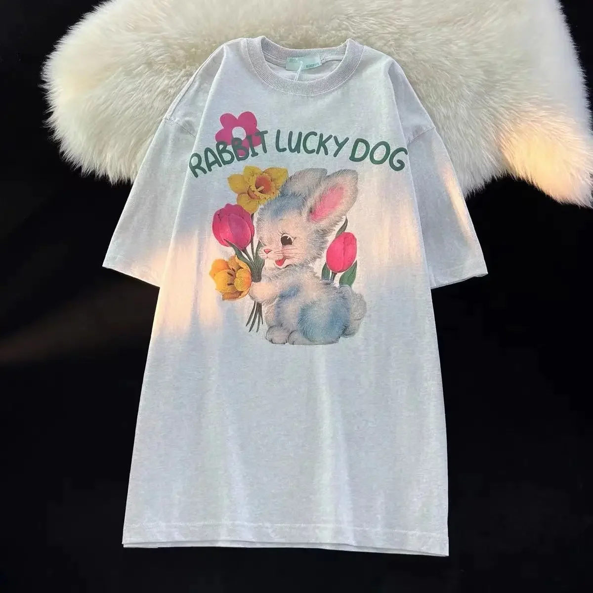 American Vintage Pure Cotton Flower Rabbit Short Sleeve T-shirt WomenSummer Loose Versatile Casual Lazy Hong Kong Style Chic Top