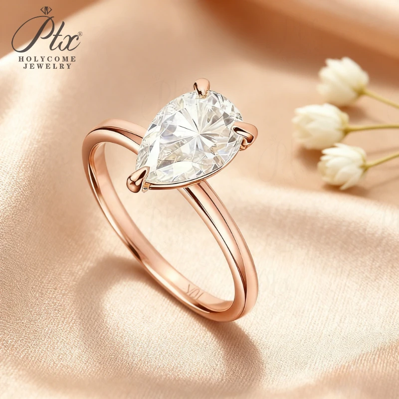 2 Carat Moissanite Pear Cut Ring Three-Jaw Minimalist Setting High Brilliance Teardrop Style for Proposal or Wedding