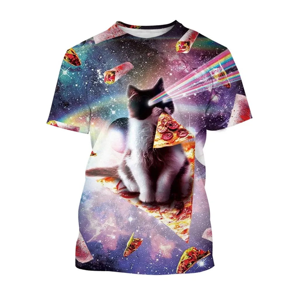 New Cool Animal Cat Galaxy Space Cute Little Cat 3D Men's and Women's T-shirt Shirt Pizza Fun Street Short Sleeve Top Clothing