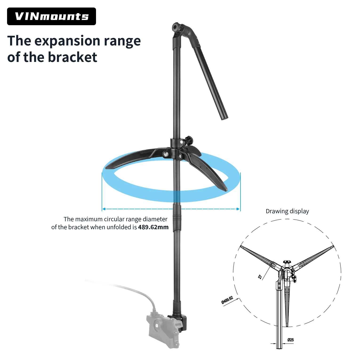 VINmounts Ice Fishing Transducer Pole Mount for Livescope LVS34, LCE Depth Range 28–45 in, 0° Mount, 1.5 in Ball Assembly