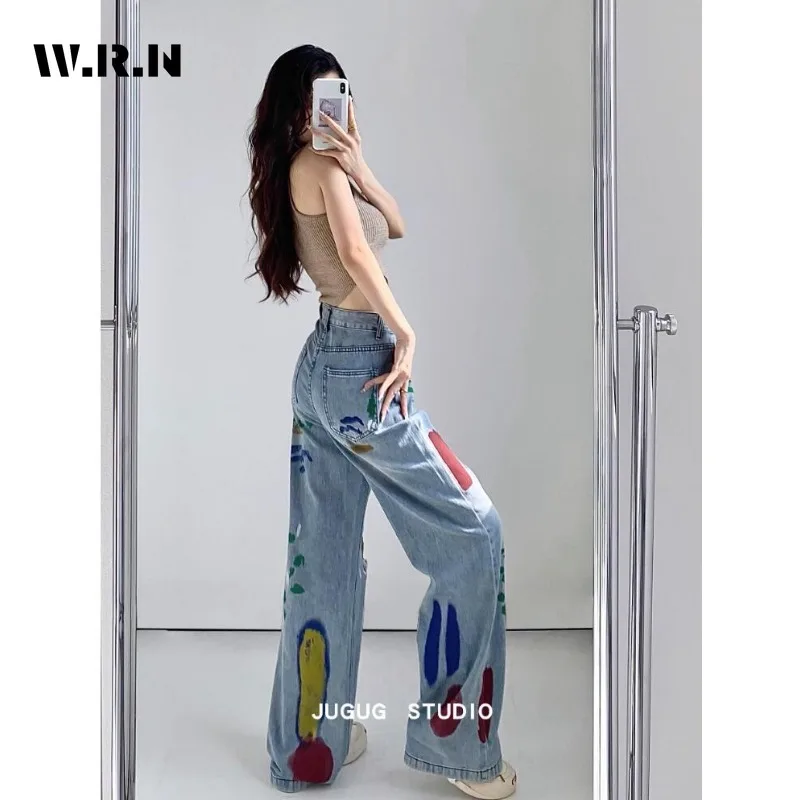 American Vintage High Taille Print Straight Jeans Hosen Damen lässig Baggy Y2k weites Bein Grunge Streetwear Stil Jeans hose