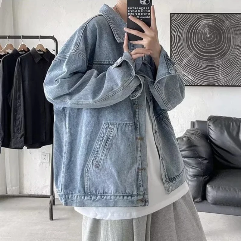 Denim Jackets Men Baggy Youthful Preppy Spring Autumn Large Pocket Solid Color Handsome Korean Style Teenagers Hipster Outerwear