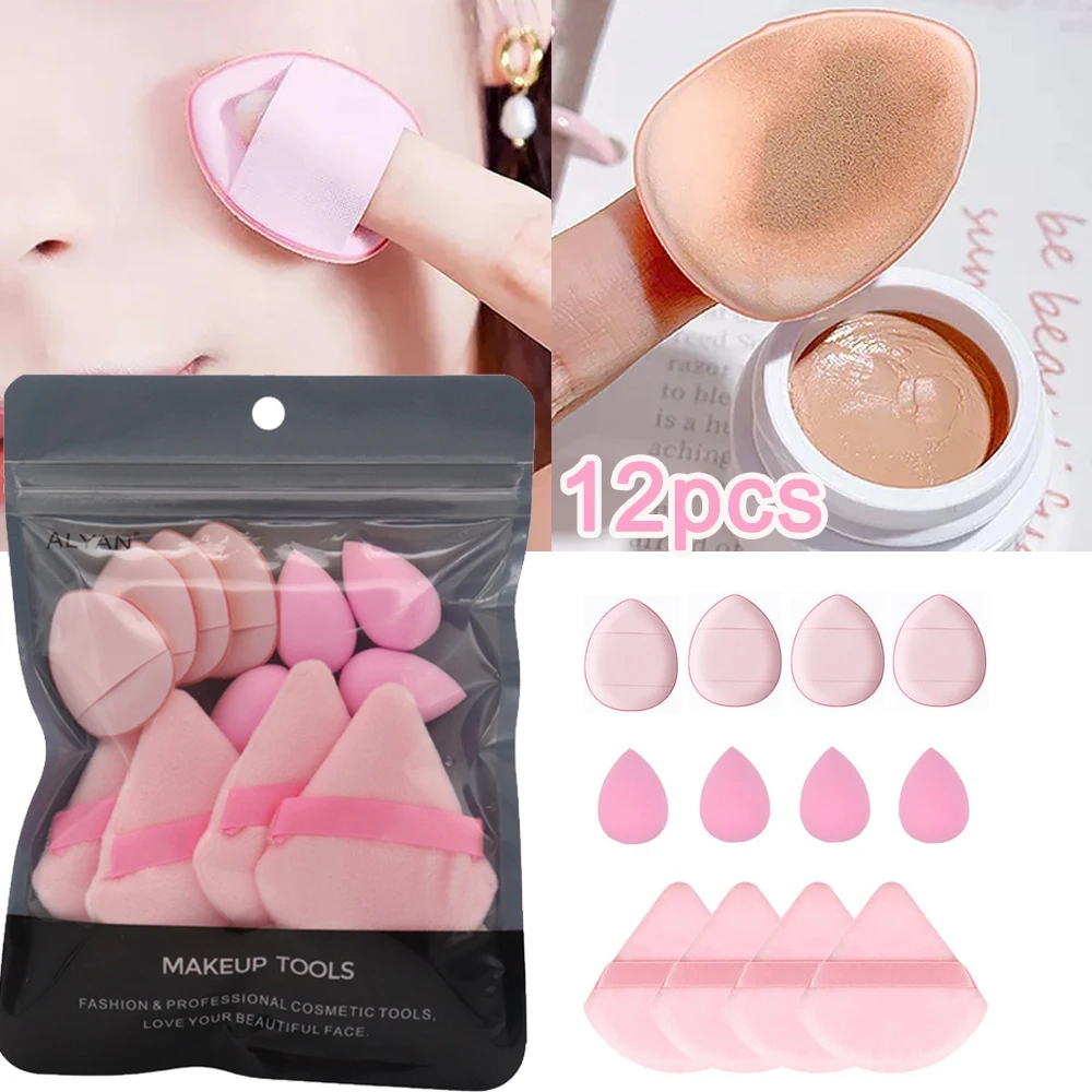 12Pcs Pink Makeup Sponge Puff Set Triangle Velvet Powder Puff Mini Finger Cushion Puff Cosmetic Puff Tools With Storage Bag