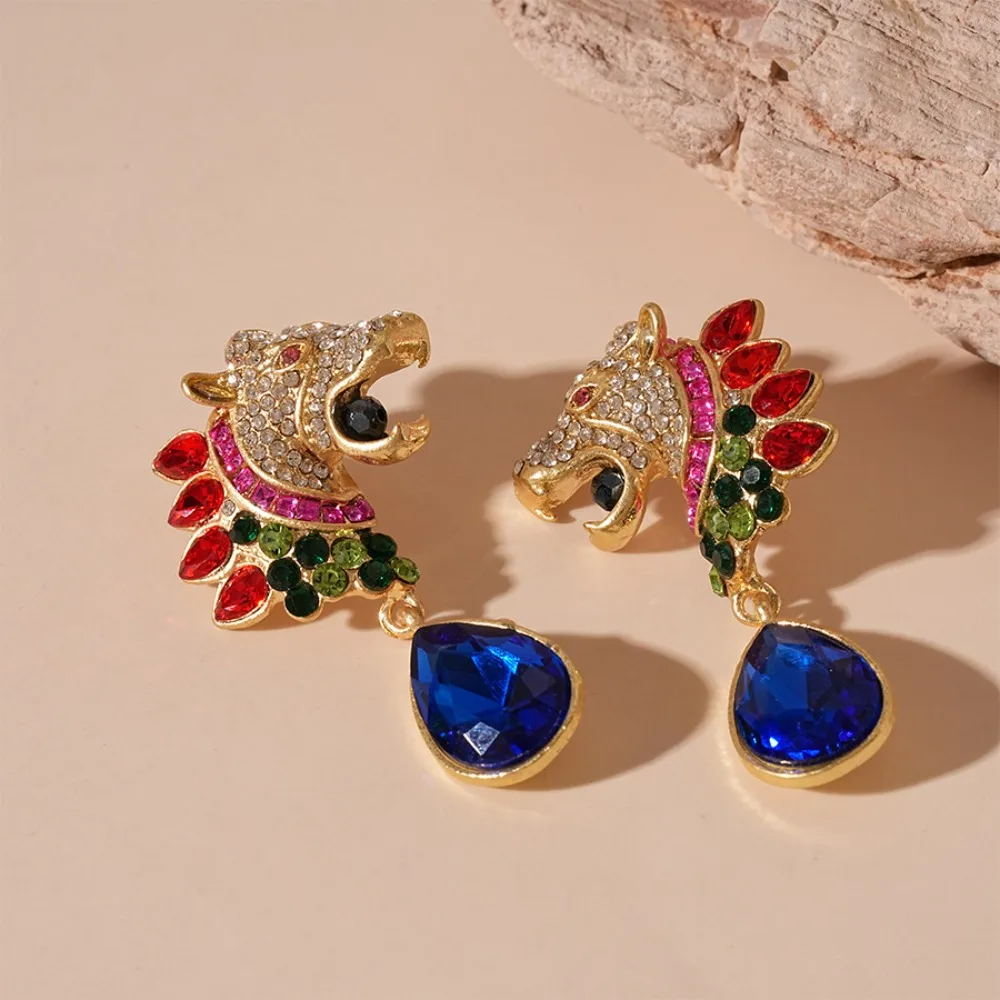 

Vintage Rhinestone Leopard Earrings Exaggerated Silver Needle Oval Drop Earring Premium Retro Stud Earrings Jewelry Gifts