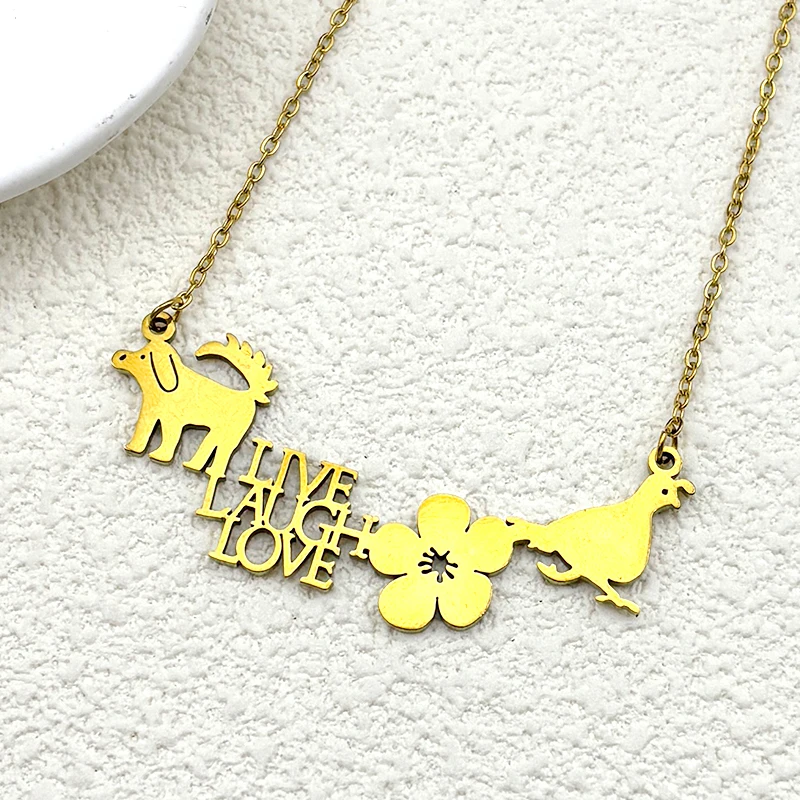 Dog Hen Flower Pendant Necklace Women Men Stainless Steel Silver Color Live Laugh Love Puppy Chicken Animal Nature Chain Jewelry