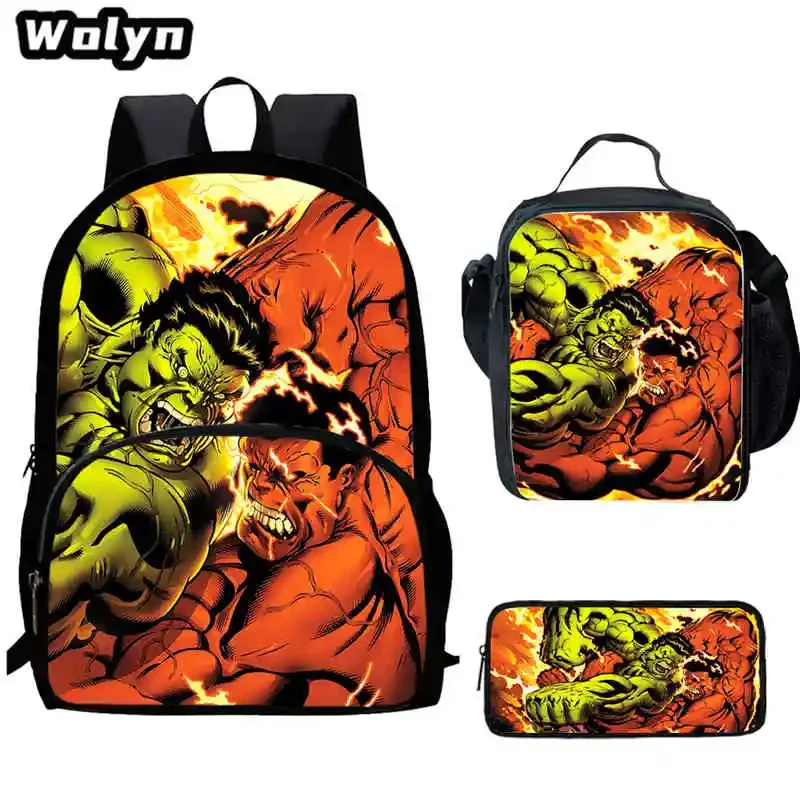 3Pcs Set Cartoon Superhero Hu-Lk School Backpack,Lunch Bag,Pencil Bag Cartoon School Bag for Boy Girl Suitable for 4-8 Years Old