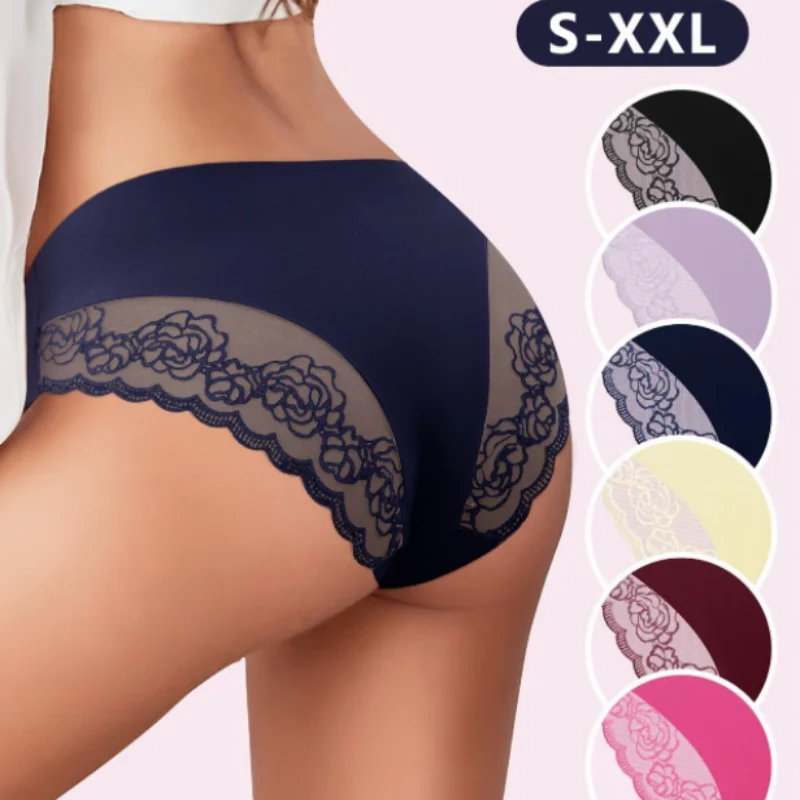 

6pcs Lace Thong Panties for Women Sexy French Seamless Underwear Ice Silk Solid Color Briefs Breathable Lingerie Female Underpan
