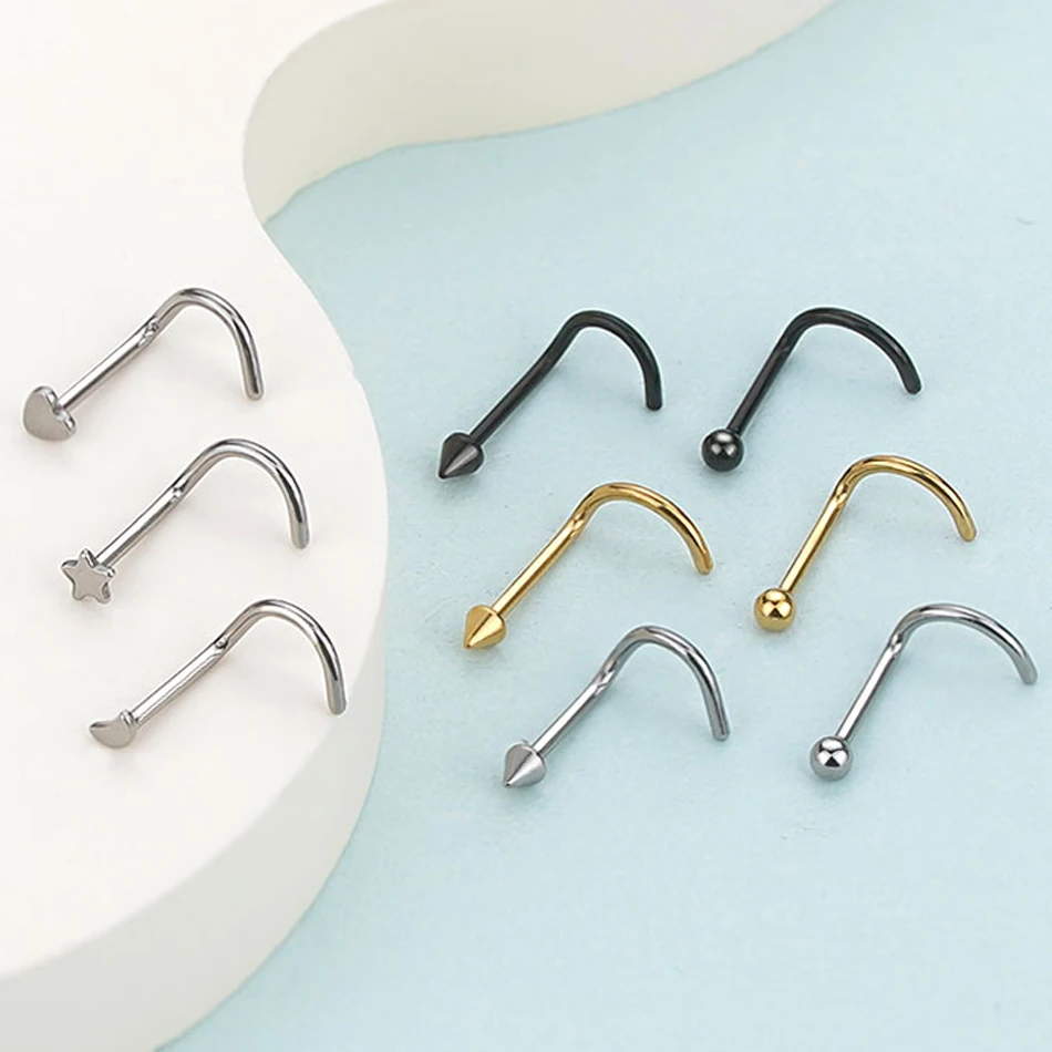 1/5Pcs Stainless Steel Screw Nose Stud Nostril Heart Star Moon Nose Bone Stud Piercing Nose Ring Body Piercing Jewelry 20G