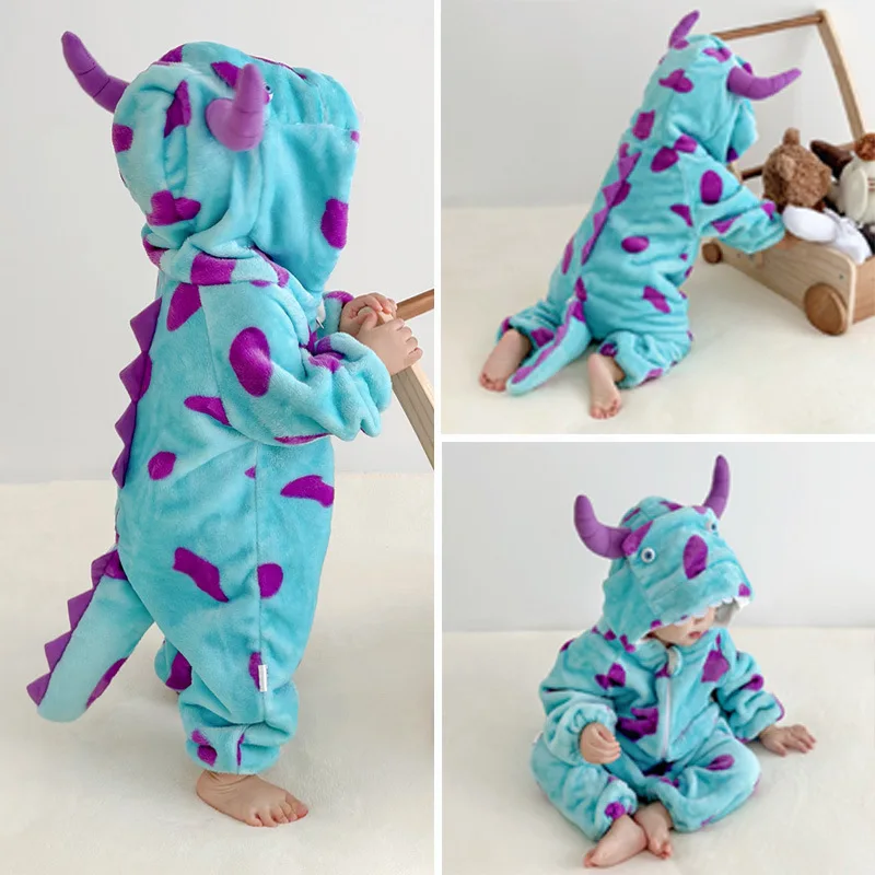 Winter Jumpsuit For Infants Cartoon monster Plush Hooded Sweatshirt Comfortable And Warm For Newborns