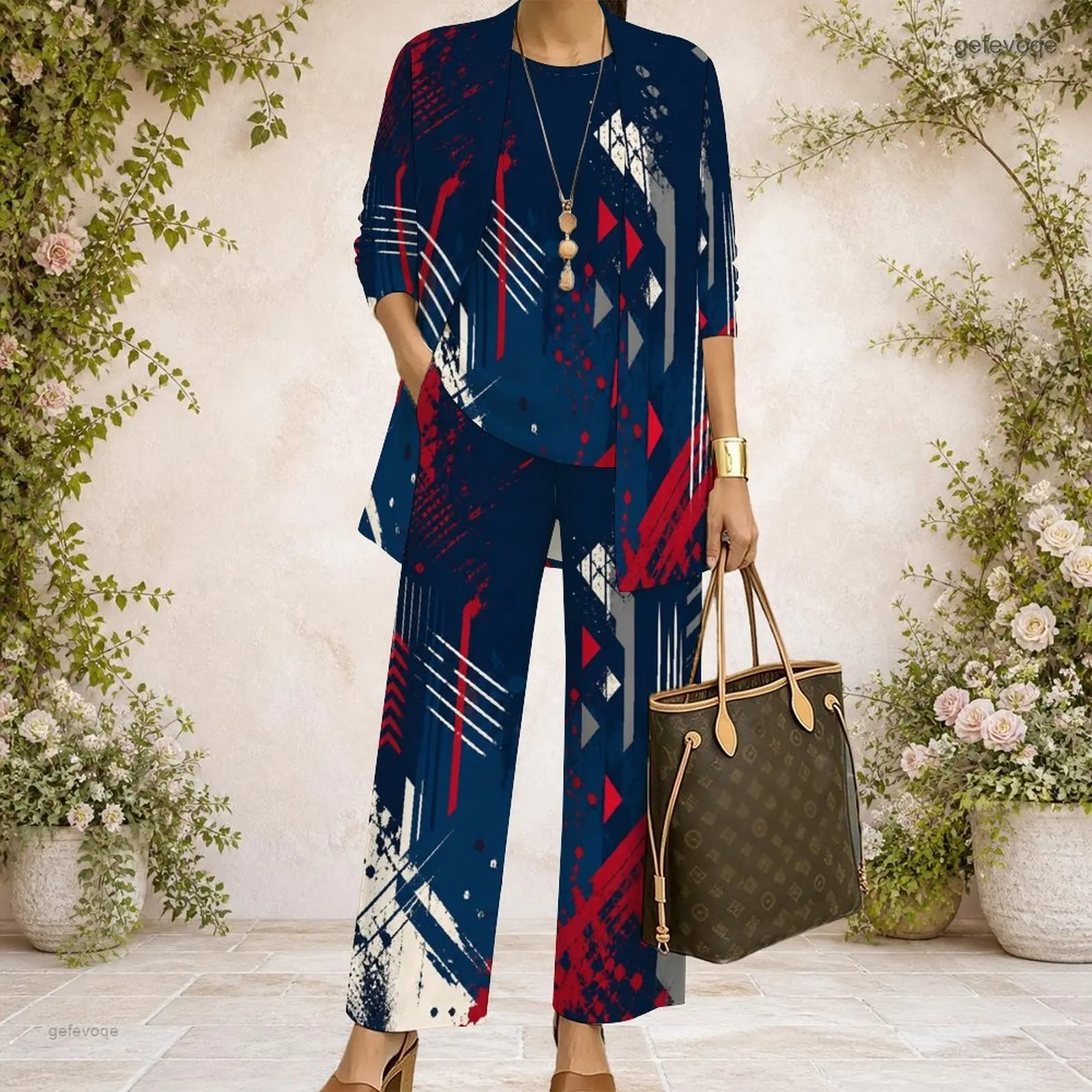 Women 3 Piece Outfit Mid Sleeve Open Cardigan With Tank Top And Wide Leg Pants Set Custom Print Ladies Casual Loungewear