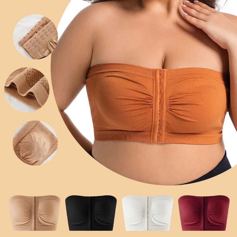 Women's Plus Size Strapless Front Closure Bandeau Bra Seamless Wireless Bralette Tube Top Non-Slip Everyday Brassiere Basics Y2K view 3