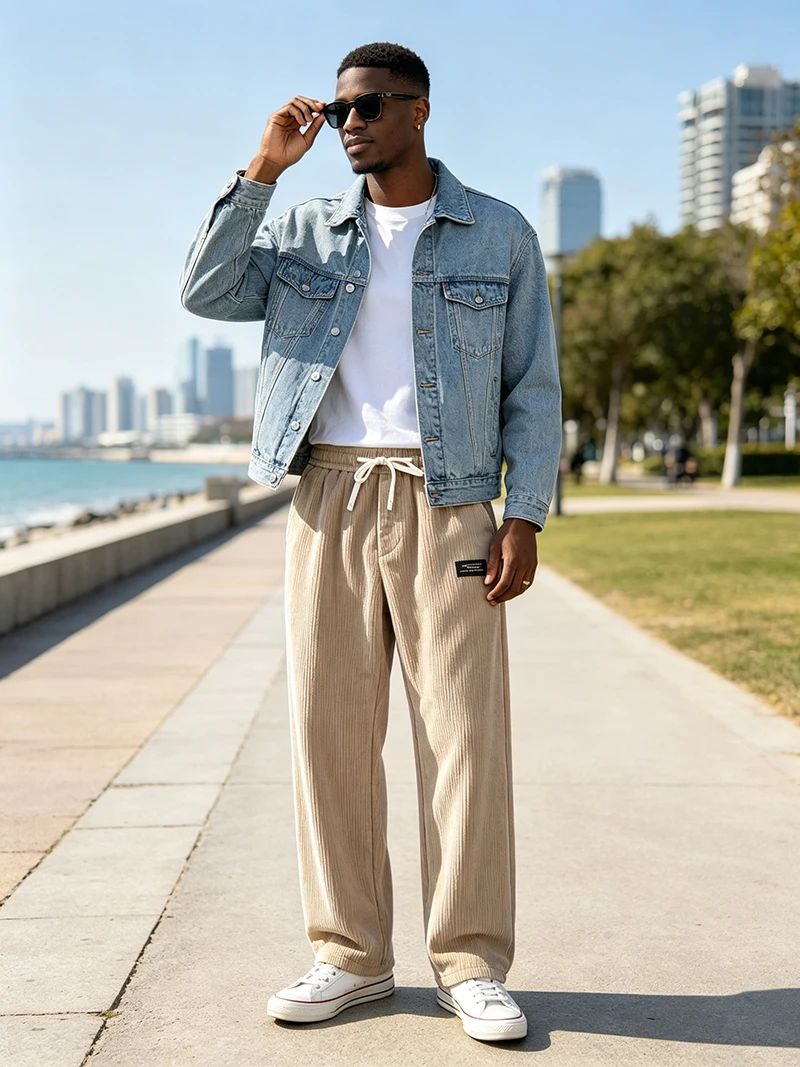 Herren Cordhose für Frühling/Herbst, Regular Fit, elastischer Kordelzug in der Taille, gerade Beine, Seitentaschen, lässig, für den Alltag, Arbeit, Streetwear – Detail 16