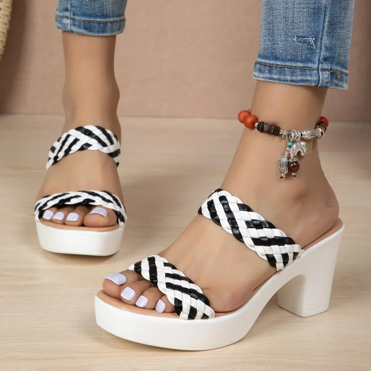 

Women Woven Wedge Heel High Heels Summer New European American Fashion Sexy Sandals Banquet Party Casual Slippers Wear-resistant