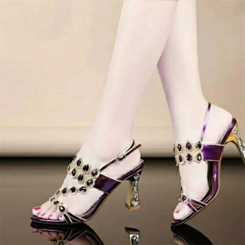 High Heels Temperament Diamond Sandals Summer Woman Party Shoes Fashion Brick Crystal Thick Heel Square Heel Sandals