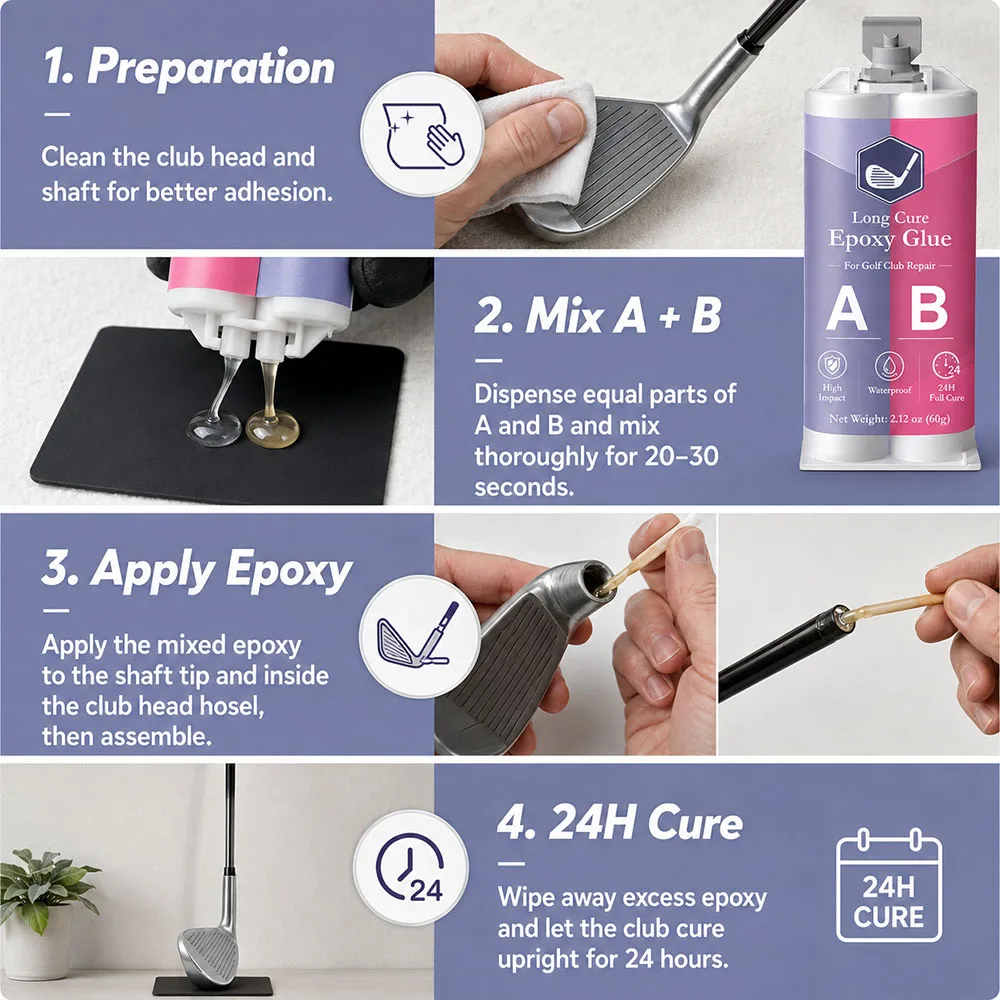 Golf Club Epoxy Glue 60g, Long Cure AB Adhesive for Shaft & Head Repair, Waterproof Strong Bond Glue, 24H Full Cure