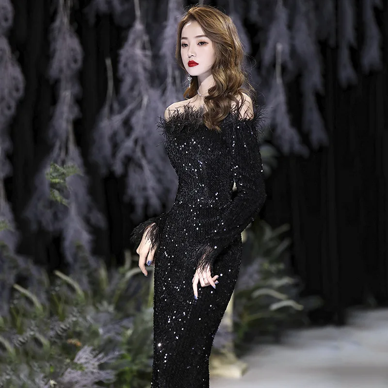 Robe de Soirée Sirène Noire à Paillettes pour Femme, Tenue de Cocktail Élégante et Exquise à Manches sulfet Plumes