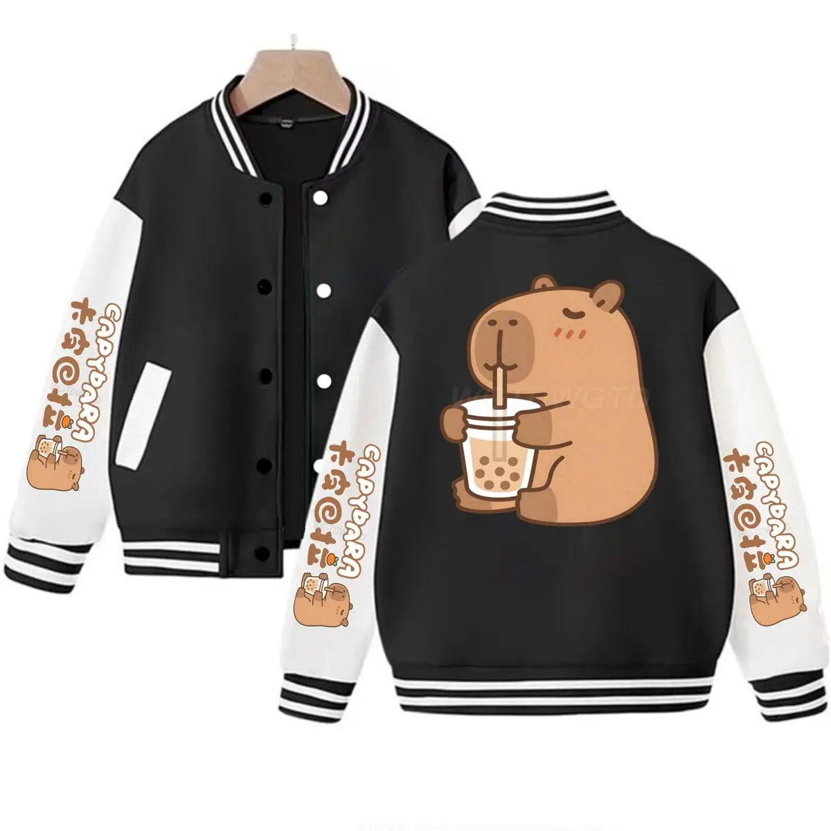 

Cartoon Capybara Bobo Tea Print Boys Girls Baseball Uniform Long Sleeve Women Animal Capybara Coats Adult Kids Matching Jackets