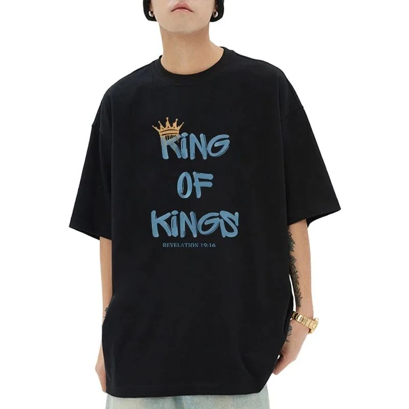 

Футболки с короткими рукавами King of Kings с буквенным принтом для мужчин и женщин, одежда с религиозной верой, хлопковая винтажная повседневная футболка, свободные топы