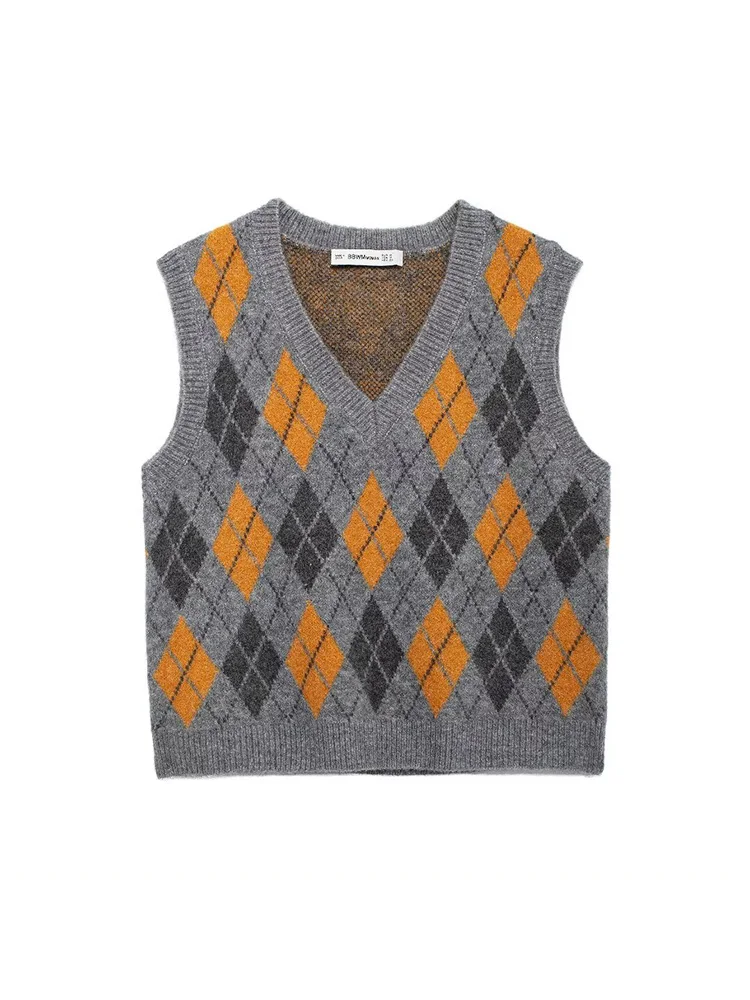 SIYANG Women Fashion Chic Argyle Jacquard Knit Vest Female V-Neck Sleevless Knitwear Ladies Casual Jumpers