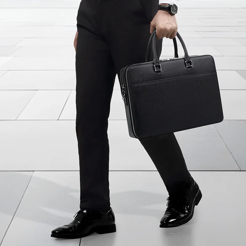 Genuine leather men's briefcase, business multi-functional 14-inch computer storage, large capacity men's handbag