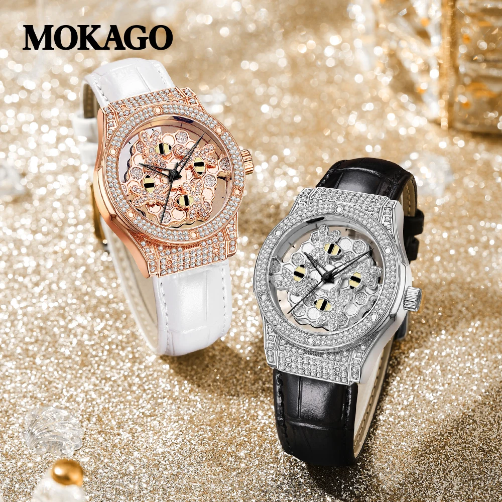2025 New Women Diamond Watch Fashion Classic Young Ladies Wristwatch Hollow Rotating Face Man Women Quality Leather Strap Clock