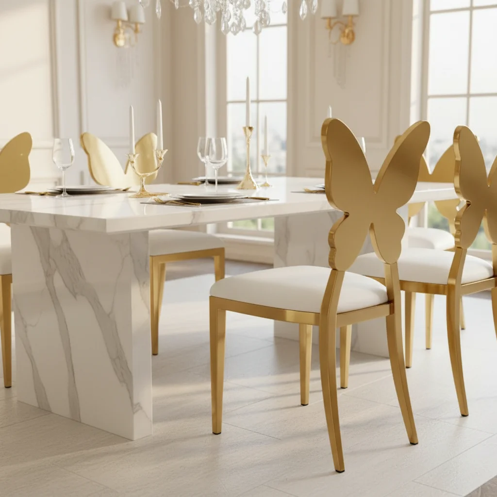 Professional Manufacture Stainless Steel Butterfly Back Comfortable Dining Chair Gold Backrest Wedding and Event Chairs