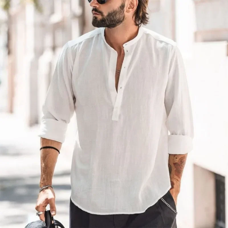 

Men Cotton Shirt Long Sleeve Stand-up Collar Men's Tops Black White Shirts Loose Holiday Casual Streetwear Button New Thin Tops