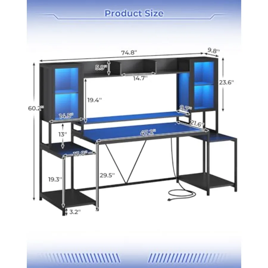 Gaming Desk 75'' for home office use, engineered wood in black, with RGB LED lights, hutch and storage shelves